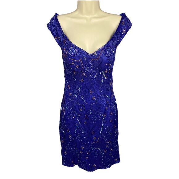 Precious Moments VTG Beaded Cocktail Dress Blue Sequin Off Shoulder Prom Formal - Picture 1 of 13